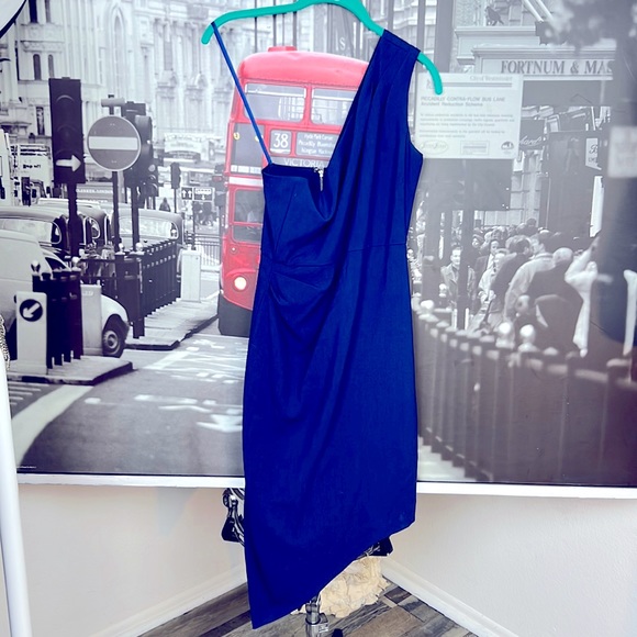 BCBGMAXAZRIA BLUE DEPTH LESLIE ONE-SHOULDER DRESS ASYMMETRICAL BODYCON SZ. 2 - Picture 3 of 16
